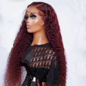 250 densidade cabelo brasileiro 40 Polegada onda profunda solta borgonha 13x6 hd laço frontal peruca 99j vermelho encaracolado 360 peruca dianteira do laço sintético para mulher