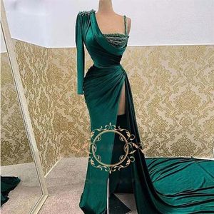 Emerald Green Long Prom Dresses One Shoulder High Slit Beading Evening Gowns Sexy Velvet Womens Birthday Robe De Soiree2504