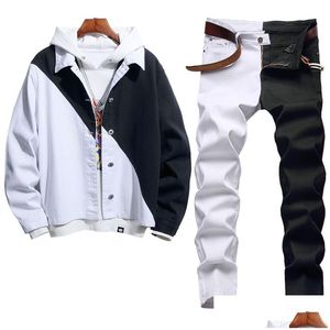 Masculinos Tracksuits Costura Cor Mens Dois Peças Define Outono Tracksuits Branco / Preto Denim Jaqueta Adicionar Skinny Stretch Jeans 2Pcs-Set Co Dhqlm