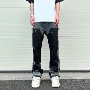 Schwarze Graffiti-Denimhose mit Glitzer für Herren, Retro-Hip-Hop-Patch, spritzende Tinte, weites Bein, Y2K-Bag-Waschung für Herrenjeans 240117