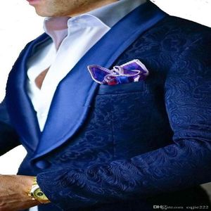 Yeni Moda Damat Smokin Groomsmen Blue Paisley Şal Lapel Adam Takım Düğün Erkekleri Blazer Suits Ceket Pantolon 5266p