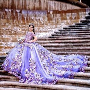 Lila lavendel utanför axelpärlor quinceanera klänningar bollklänning söta 16 år prinsessklänningar i 15 år vestidos de 15 a OS an3097