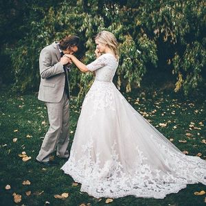 Spetsboll klänning blygsamma bröllopsklänningar med ärmar 2017 puffy prinsessa bröllopsklänningar vintage country western brud bröllopsklänning 198b