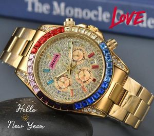 Presidente mens data automática relógios movimento de quartzo relógio de tempo masculino aço inoxidável anel de diamantes coloridos brilhando estrelado dial corrente pulseira relógio presentes