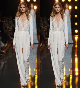 Zuhair Murad Jumpsuits spets Mother of the Bride Pant Suits långa ärmar Bröllopsgästklänning Deep V Neck Plus Size Dresses Evening 4366820