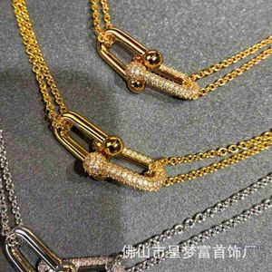 Luxury Jewelry Designer T Pendant Necklaces High Version t Family Horseshoe Double Ring Necklace 18k Rose Gold Half Diamond Full Diamond Fashionabl T86b
