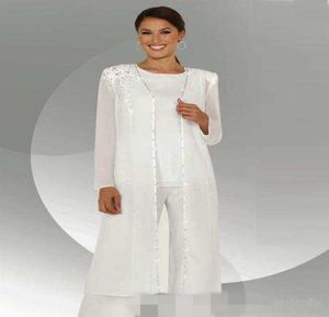 White Chiffon Long Sleeves Mother of the Bride Pant Suits With Long Blouse Sequins Beaded Mother of Groom Pant Suit5205308