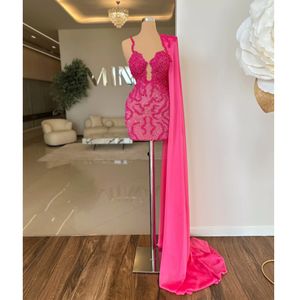 Short Fuchsia Appliques Mermaid Sleeveless Prom Dress for Women Lace-up Adjustable Backless Tail YD