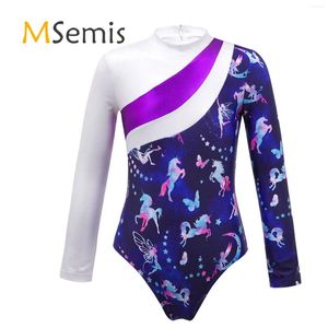 Scene Wear Kids Girls Gymnastic Dancing Costume Cute Cartoon Print Leotard långärmad färg blockerad en bit jumpsuit balett leotards