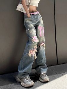 Jeans strappati lavati con pannello rosa da donna per pantaloni Y2K a vita alta dritti larghi alla moda retrò hip-hop 240116