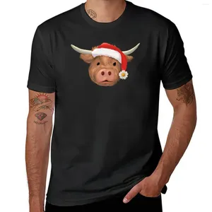 Polos masculinos andando no Natal Highland Cow Santa Hat Camiseta Roupas Kawaii Camisetas Pretas Homens