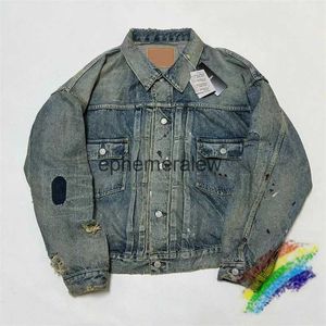 Men's Jackets Washed DAMAGE Denim Work Jacket Jeans Men Women 1 1 Best Quality Make Old Blue Heavy Fabric Coatephemeralew