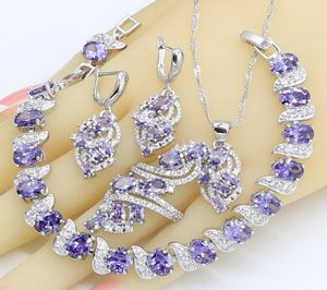 Zestawy biżuterii w Dubaju dla kobiet Wedding Purple Amethyst Naszyjnik Wisiorek Pierścień Bransoletka Podarunek 2207259530235