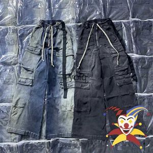 Men's Jeans Multiple Pockets Washed Jeans For Men Women Top Quality Drawstring Black Blue Oversize Denim Trouseryolq