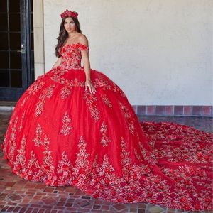 Czerwona księżniczka quinceanera sukienki z aplikacją kwiatowe koraliki Tull Ball suknia Słodka 16 sukienka Vestidos de 15 Anos Quinceanera Pageant urodziny