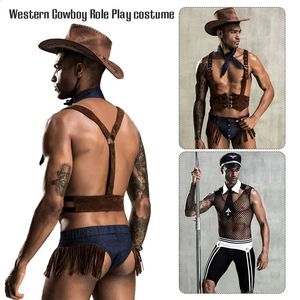 American Men Cowboy Cosplay Costume Adjustable Faux Leather Policemen Night Club Tie Top With Panties Outfit Sexy Lingerie Set 240117