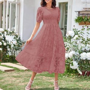 Casual Dresses Elegant And Pretty Women's Solid Color Layered Floral Dress Summer Short Sleeve Jacquard High Waist Pleated Midi