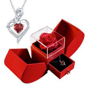 Gåva till kvinnor Eternal Rose Apple Gift Box /W Crystal Heart Necklace Love Soap Flower Jewelry Box For Valentine Wedding Birthday 240117