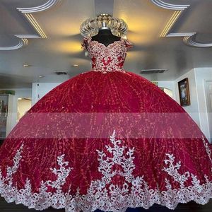 Red Beaded Ball Gown Quinceanera Dresses Gold Appliques Sweet 16 Dress Pageant Gowns vestido de 15 anos a os quincea era253O