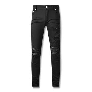 Men's Jeans American Style High Street Black New Distressed Patchwork Leather Live Streaming Internet Celebrity Jeans 602