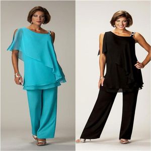 Black Two Pieces Chiffon Mother of the Bride Pant Suits For Wedding One Shoulder Tiered Pants Suit Plus Size Formal Dresses Evenin285V