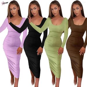 Abiti casual maniche lunghe colletti quadrati bodycon green maxi autunno d'autunno inverno donne abbigliamento da festa pieghe