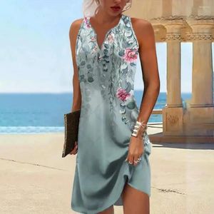 Casual Dresses Women A-Line Dress Bohemian Summer For V-hals Floral Print Cut Vacation Fashion High-kvalitet Material