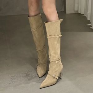 Scarpe femminili Stivali lunghi da donna Scarpe con tacco a punta Scarpe moda Slip-On Stivaletti alti al ginocchio Flock Calzature occidentali 240116