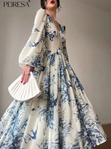 Peiresa Designer Fashion Printed Beading Party Maxi Dresses for Women 2023 French Elegant V Neck Lantern Sleeve Holiday Dress 240117