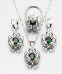 Orecchini Collana Vendita Tridimensionale Argento Colore Verde Creato Set di gioielli con fiori di smeraldo per anello da donna 678910 JS35061252