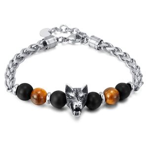 Pulseira de aço inoxidável com cabeça de leopardo/crânio lobo olho de tigre pulseira com contas corrente trançada 8,5''