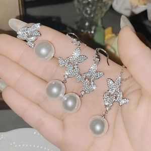 Necklace Earrings Set Vintage Elegant Pure Cubic Zirconia Butterfly Imitation Pearl Jewelry Suitable For Women's Wedding Anniversary