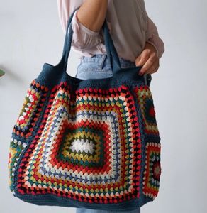 Colorido crochê boho chique vovó quadrado gran tote bolsa bege azul bolsa de ombro estilo vintage hippie verão praia saco 240116