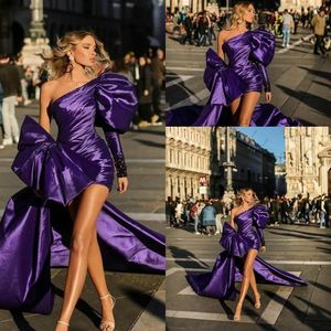 2021 Sexy Purple Short Evening Dresses With Detachable Train Overskirts One Shoulder Prom Gowns Bow Glitz Pageant Dress For Girls 177D