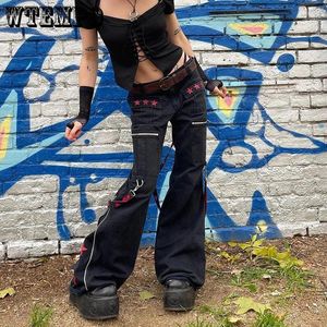 Women's Jeans Gothic Bandage Baggy Women Dark Academic Low Waist Wide Leg Pant Harajuku Vintage Emo Hip Hop Denim Trousers Punk Style