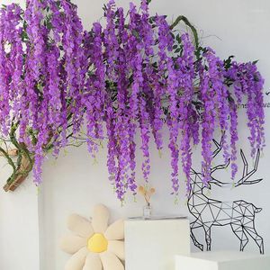 Decorative Flowers 2PCS Simulated Wisteria Violet Indoor Wedding Ceiling Plastic Vine Artificial Flower Home Decoration Green Plant String