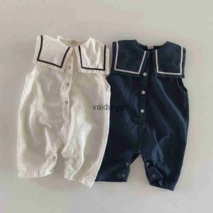 Pullover 2023 Summer New Baby Boy Sleeveless Sailor Collar Romper Newborn Girl Navy Collar Jumpsuit Infant Toddler Loose Casual Clothes H240508