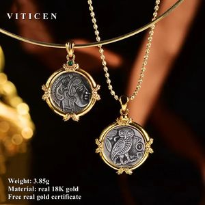 VITICEN PRAWDZIWY 18K ZŁOTA AU750 KOBIETA WIELKA Monety Naszyjnik Athena Oryginalny prezent dla kobiety Vintage Fine Jewelry 240117