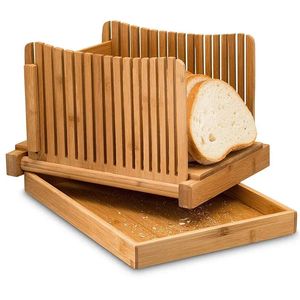 Natural Bamboo Bread Slicer för hemlagad vikbar kompakt Toast Cutting Board Guide Justerbar 3 tjocklekskärare 240116