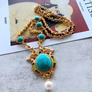 Luxury Turquoise Statement Choker Cross Necklace for Women Accosery Party Jewelry Baroque Style Hight Quality