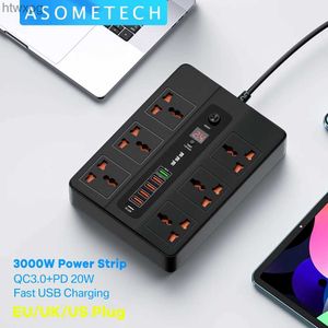 Power Cable Plug 3000W 6 AC Outlets Power Strip 6 USB Laddningsstation Förlängningssladd 2M PD 20W QC3.0 USB Port Multi Outlet Charger Power Socket YQ240117