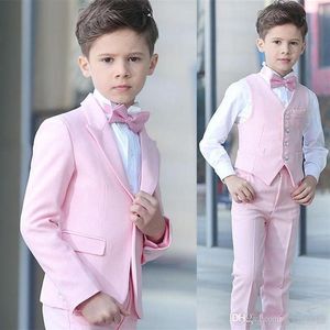 Rosa meninos jantar ternos de casamento smoking pico lapela menino roupa formal crianças ternos para festa de formatura blazers jaquetas feitas sob encomenda calças bow284m