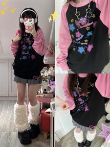 Deeptown Y2K Estetik Yıldız Baskı Hoodies Kadın Harajuku Kpop Günlük Büyük Boyu Sweatshirt Sokak Giyim Gevşek Külot Üstler E-Girl 240117