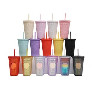 480MLStudded Tumbler Coffee Cup Summer Cold Water Bottle Double Wall Plastic Durian Diamond Cup with Straw Cute Water Bottle 240117