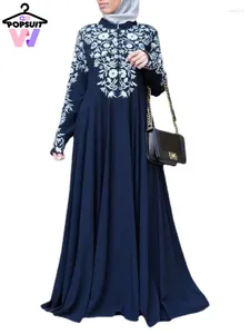 Vestidos casuais em mulheres elegante muçulmano abaya islâmico stand up colarinho de manga comprida flor impressão grande balanço completo kaftan robe saias