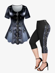 Plus Size Outfits Zipper GROMMETS Applices Denim Pentagram Heart Plaid Colorful 3D Print T-Shirt eller Leggings Matching Set XS-6X 240117