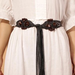 Bälten Bohemian kvinna vintage midjebälte virkning kvinnor vävda cummerbunds brett spänne elastisk flätad repklänning midjeband