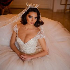 Tulle Ball Gown Wedding Dress Princess Pearls Beads Wedding Dresses Ball Gowns Sheer Tulle Jewel Neck Lace Appliques Puffy Wedding Gown