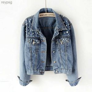 Kvinnors läder faux läder höst mode kvinnor denim jacka full ärm lös knapp pärlor korta lapel vild casual enkelbröst solid cardigan yq240116