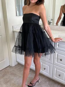 Casual Dresses Women s Tulle Mini Dress Solid Color Strapless Open Back A-Line Cocktail Party